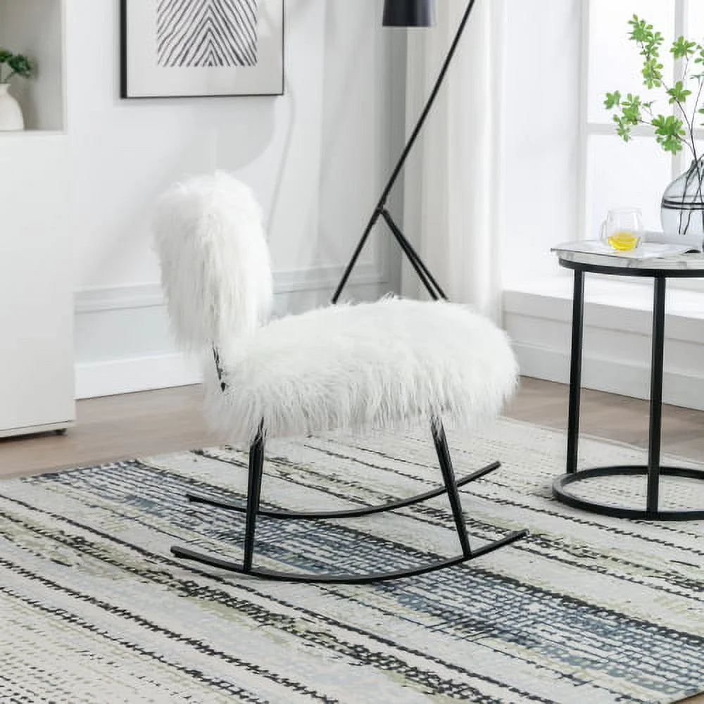 Wide Faux Fur Plush Nursery Rocking Chair, Baby Nursing Chair with Metal Rocker, Fluffy Upholstered Glider Chair, Comfy Mid Century Modern Chair for Living Room