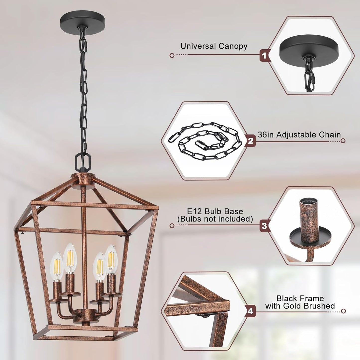 Chandelier for Dining Room, 4-Light Rustic Chandelier Fixtures,