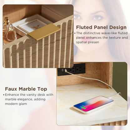 48" Fluted Makeup Vanity Desk with Large 36" Mirror and Lights, Modern