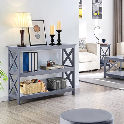 Gray 3-Tier Console Table with Storage Shelves