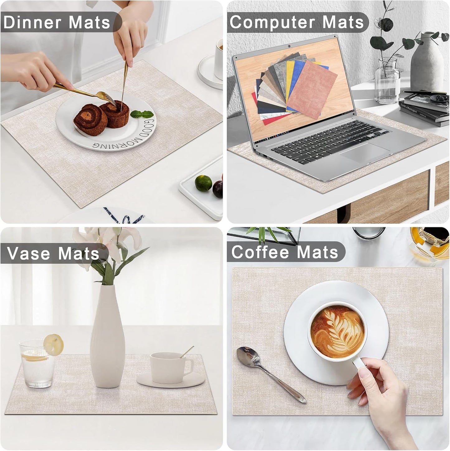 Homaxy Faux Leather Heat Resistant Placemats for Dining Table Set of 6, Waterproof Wipeable Washable PU Table Mats, Easy to Clean Anti-Slip Place Mats, 11.8" X 17", Beige