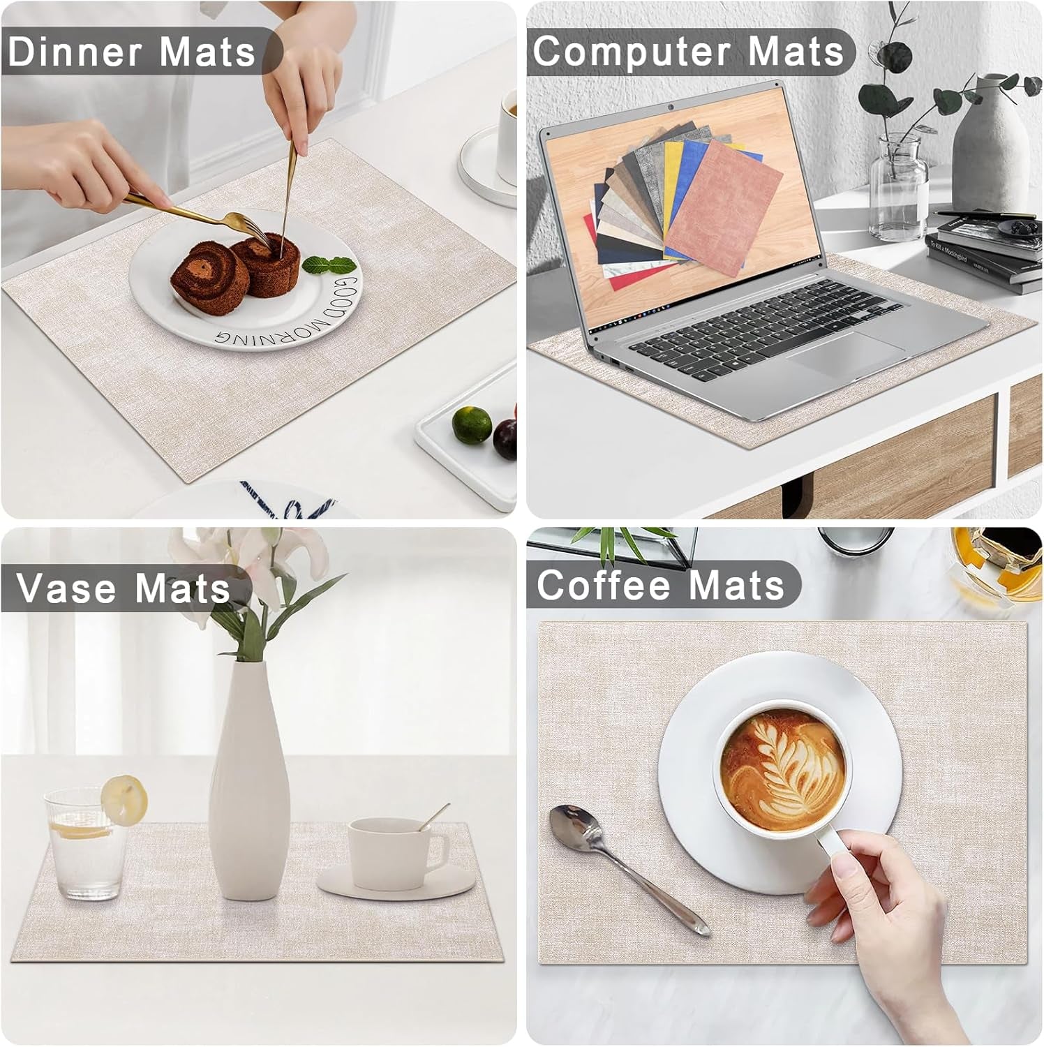 Homaxy Faux Leather Heat Resistant Placemats for Dining Table Set of 6, Waterproof Wipeable Washable PU Table Mats, Easy to Clean Anti-Slip Place Mats, 11.8" X 17", Beige