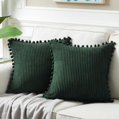 Fancy Homi Dark Gray Decorative Throw Pillow Covers 18X18 Inch with Pom Poms, Boho Farmhouse Home Decor, Soft Corduroy Accent Square Cushion Case for Living Room Couch Bed Sofa 45X45 Cm