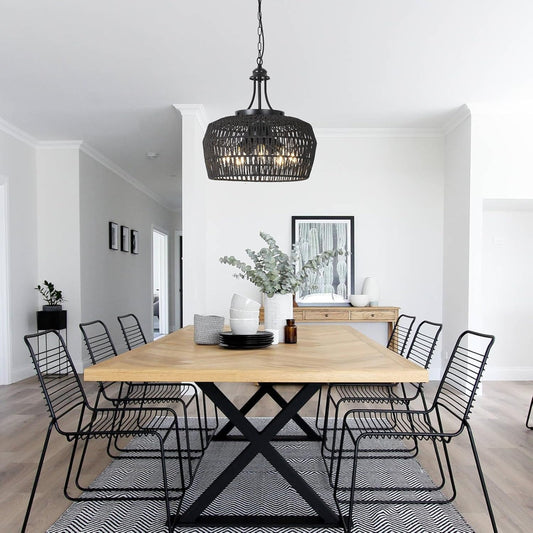 Black Rattan Chandeliers for Dining Room, 5-Light Farmhouse Chandelier