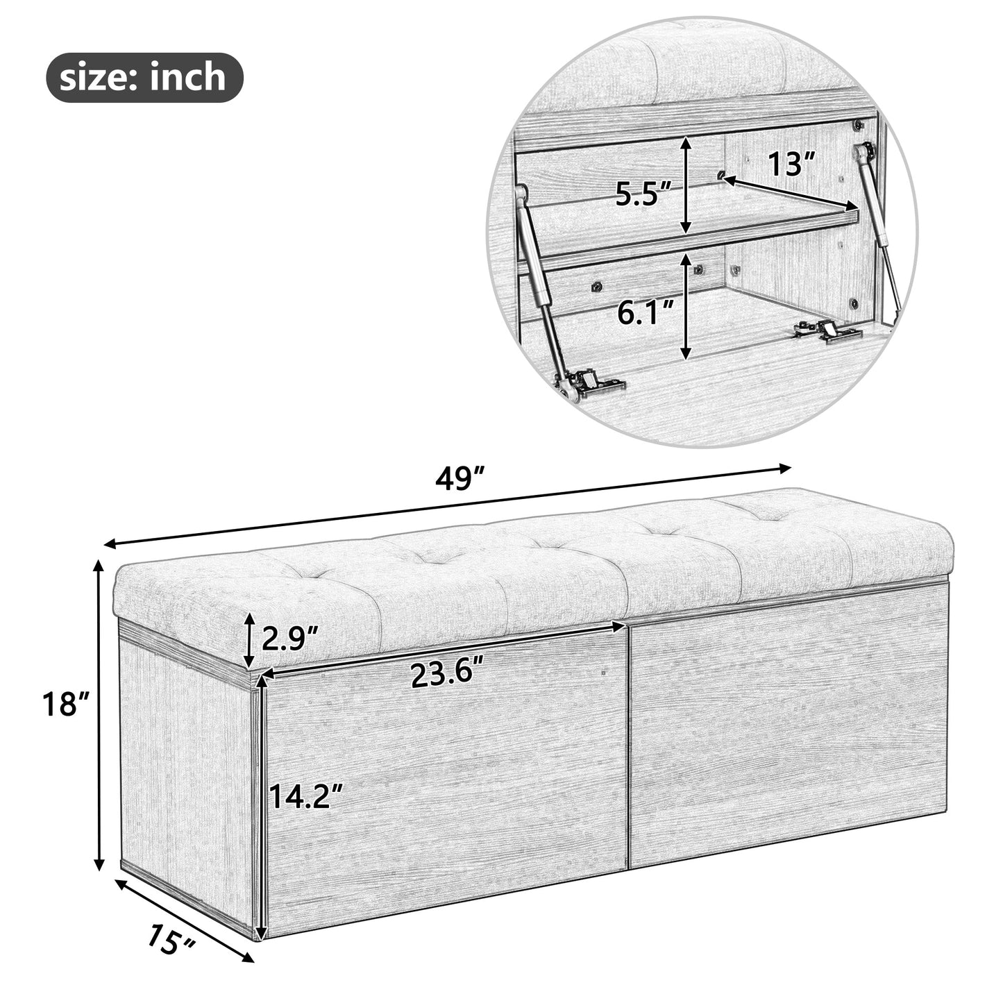 49" Storage Bench Storage Cabinet Storage Ottoman with Adjustable