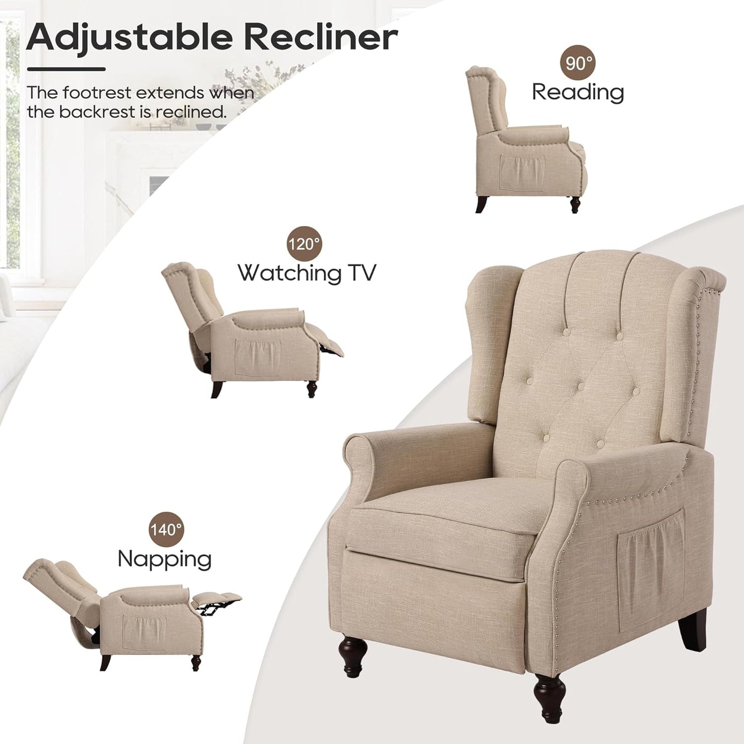 Wingback Recliner Chair with Massage and Heat, Tufted Push-Back, Ergonomic Support