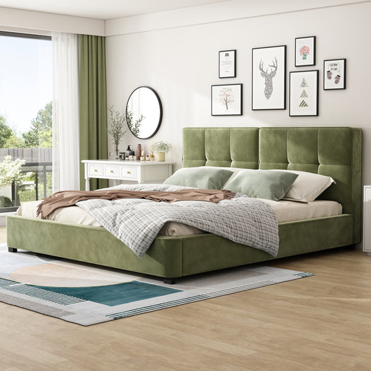 King Size Velvet Bed Frames, Upholstered Platform Bed with Curved Tufted Headboard, Soft Square Corners, Olive Green