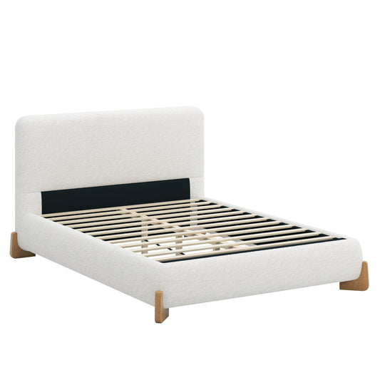 Elegant Boucle Upholstered Bed, Full Size, White, Soft Luxurious Fabric with Solid Wood Feet and 12 Slats Support