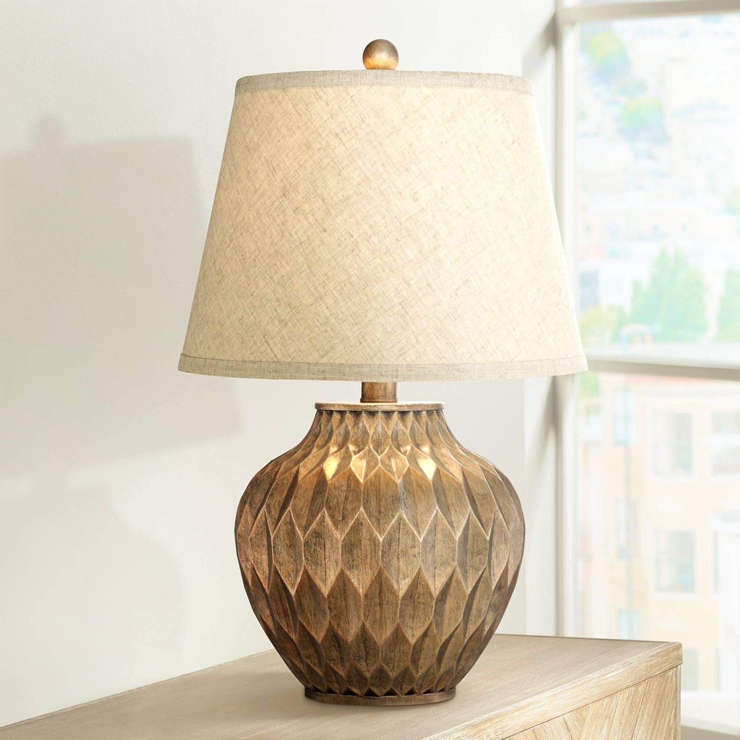 360 Lighting Buckhead Modern Accent Table Lamp 22" High Warm Bronze Brown Sculptural Geometric Textured Urn Tapered Fabric Drum Shade Bedroom Living Room House Home Bedside Nightstand Office