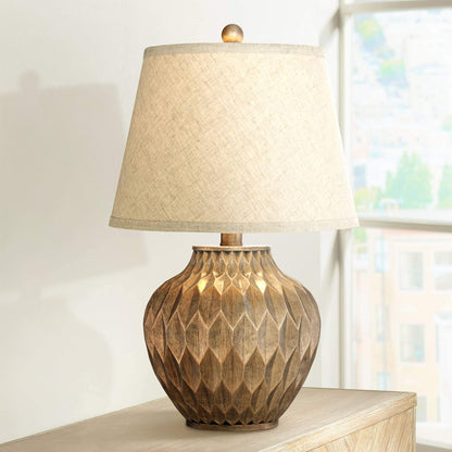360 Lighting Buckhead Modern Accent Table Lamp 22" High Warm Bronze Brown Sculptural Geometric Textured Urn Tapered Fabric Drum Shade Bedroom Living Room House Home Bedside Nightstand Office
