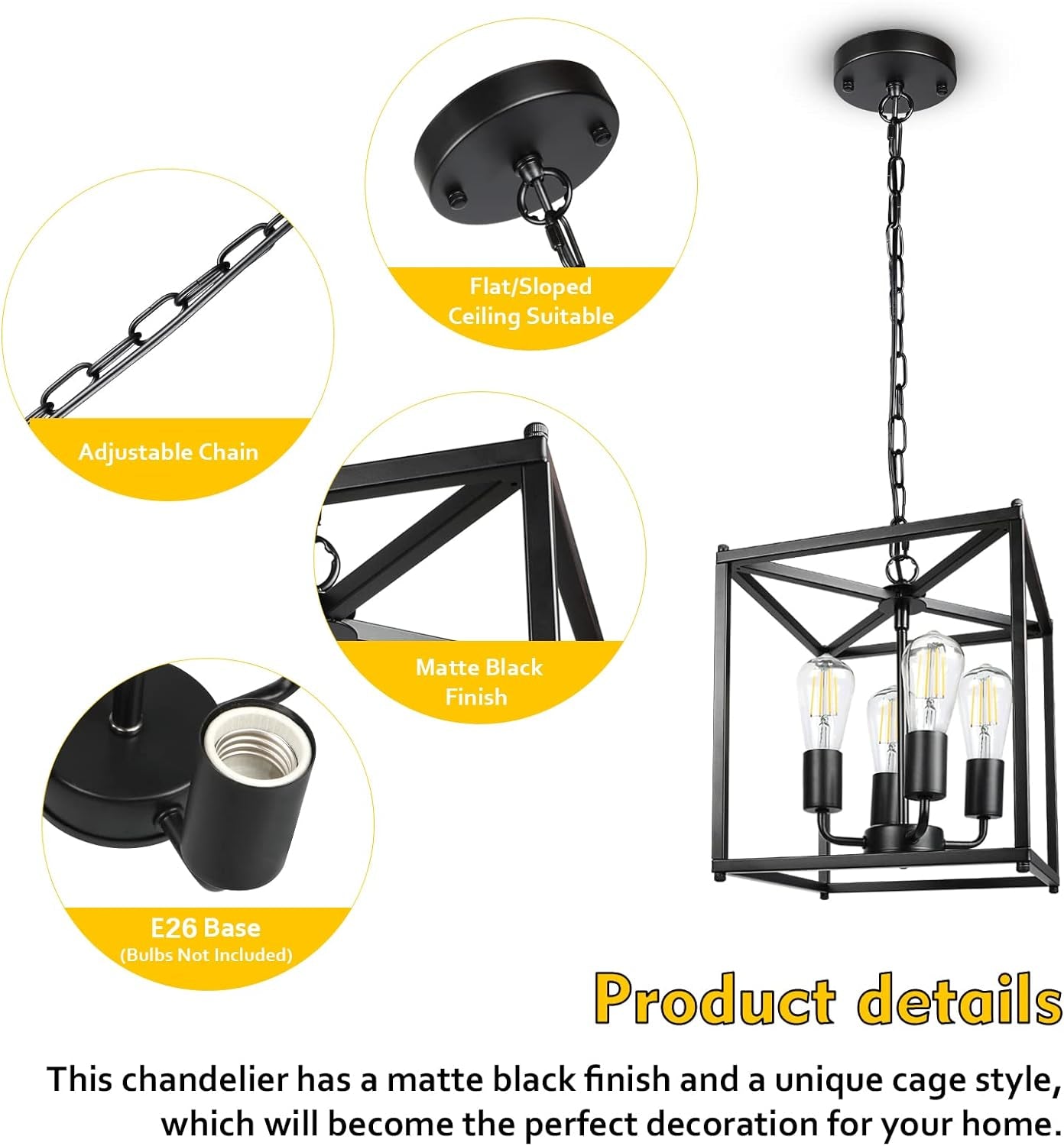 4-Light Black Farmhouse Chandelier, Iron Lantern Pendant Light Rustic
