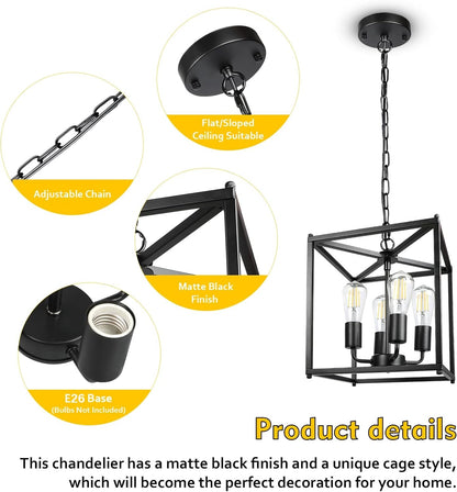 4-Light Black Farmhouse Chandelier, Iron Lantern Pendant Light Rustic