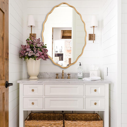 Large Modern Brushed Gold Oval Ripple Bathroom Mirror - Wall Mounted,