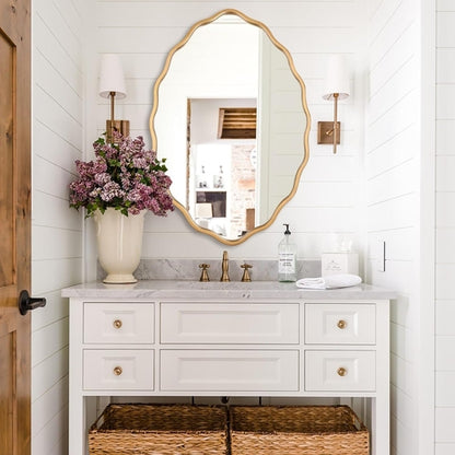 Large Modern Brushed Gold Oval Ripple Bathroom Mirror - Wall Mounted,