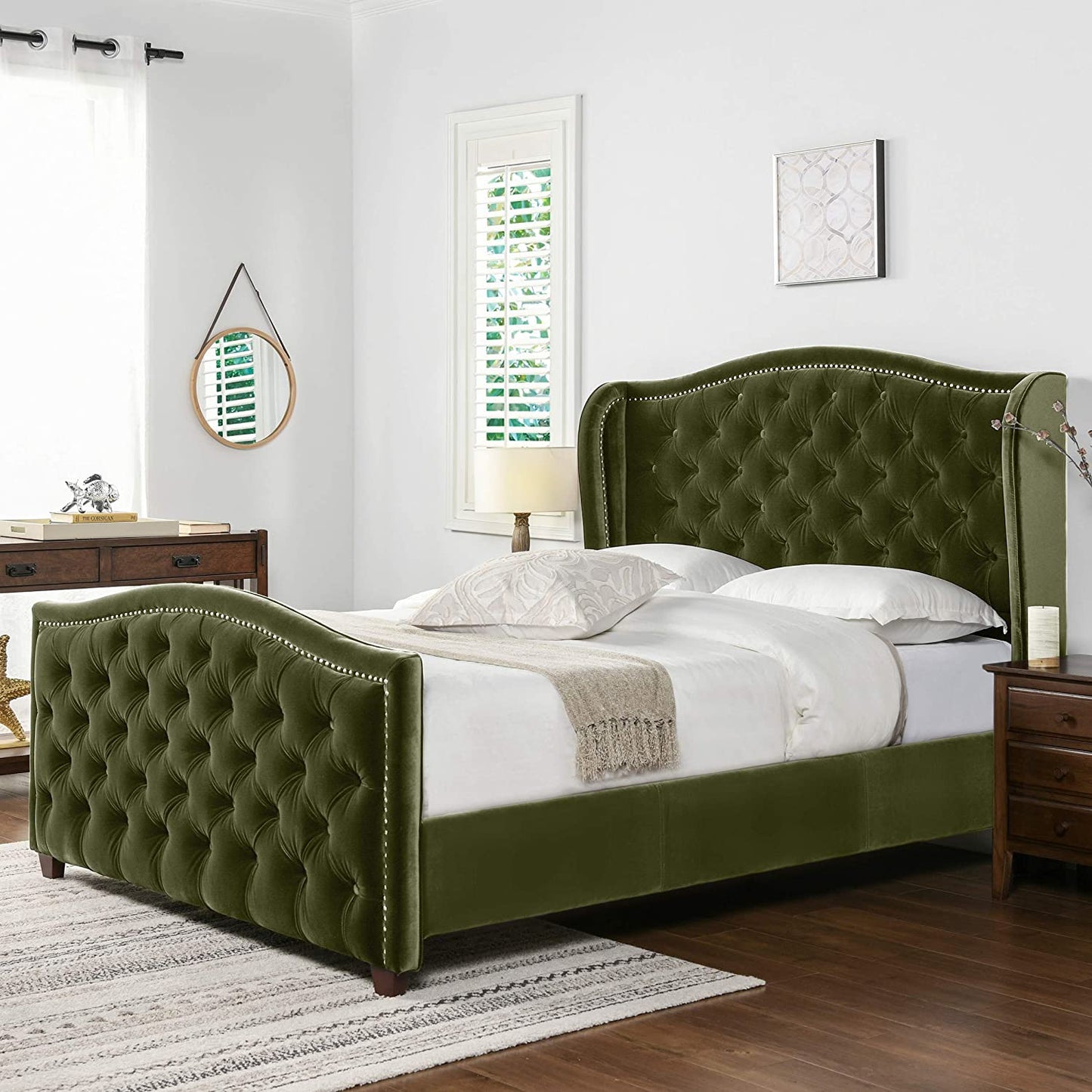 Jennifer Taylor Home Marcella Upholstered Shelter Headboard Bed Set, Queen, Olive Green Performance Velvet