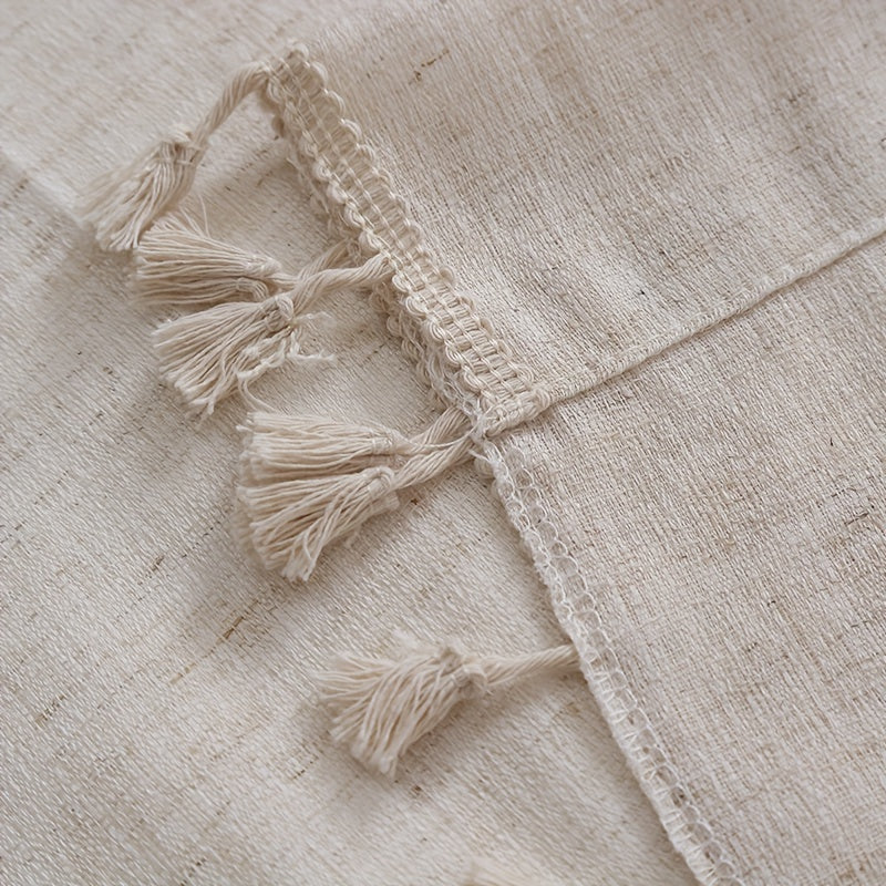 Elegant Beige Sheer Curtain with Tassel Vintage Style