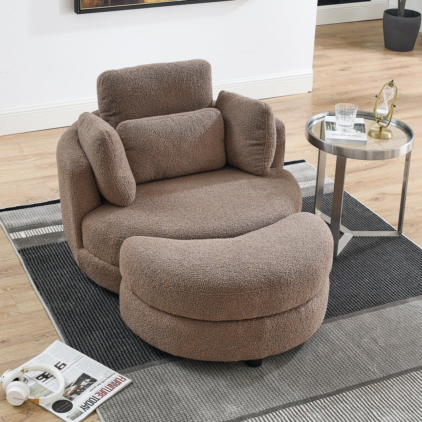 Oversized Swivel Chair with Moon Storage Ottoman for Living Room Seating