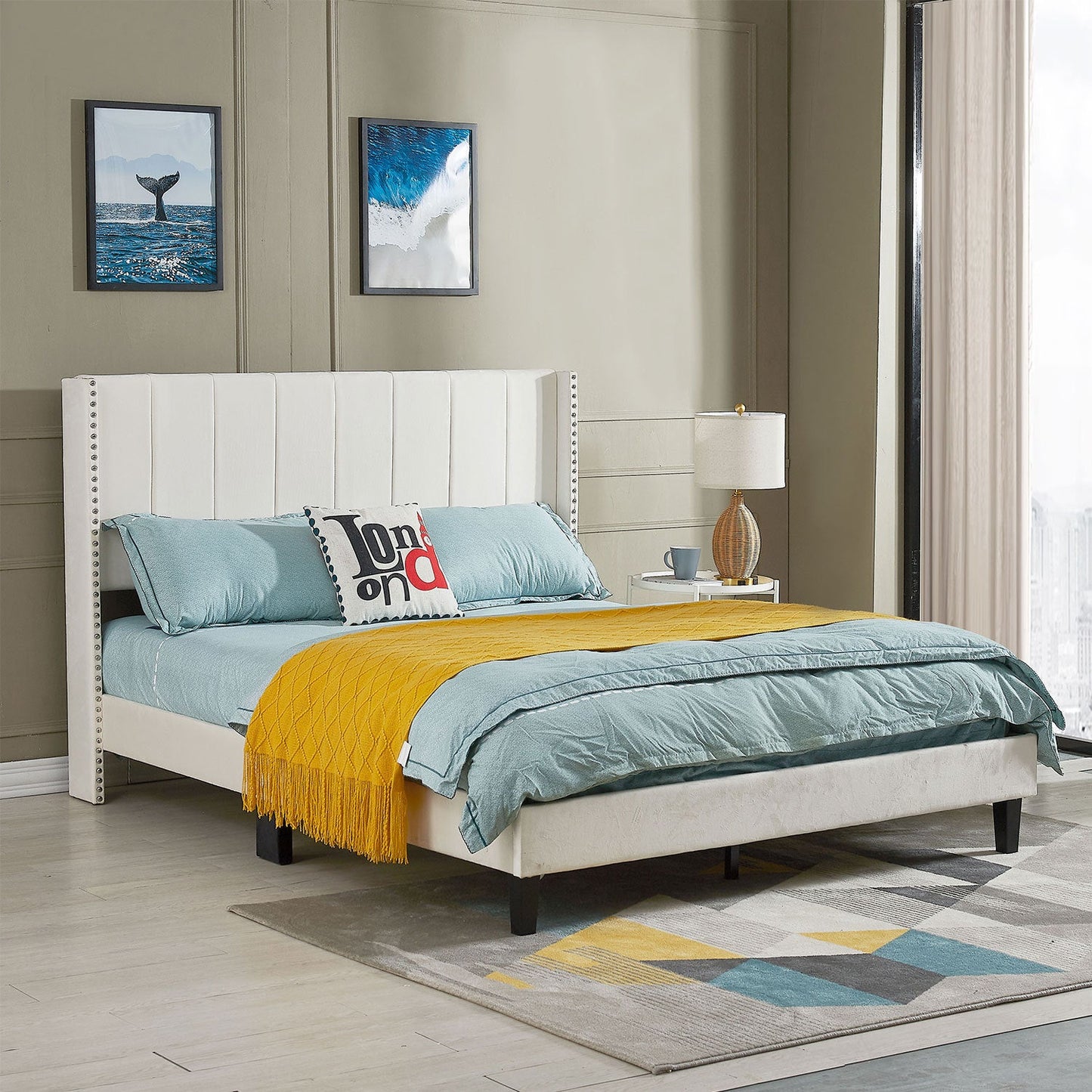 Queen Bed Frame/Velvet Upholstered Bed Frame with Vertical Channel