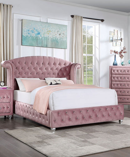 Glam Contemporary Pink Flannelette Upholstered 1pc Queen Size Bed Cabriole Legs Wingback Design Bedroom Furniture