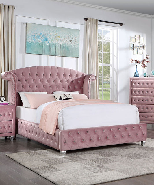 Glam Contemporary Pink Flannelette Upholstered 1pc Queen Size Bed Cabriole Legs Wingback Design Bedroom Furniture