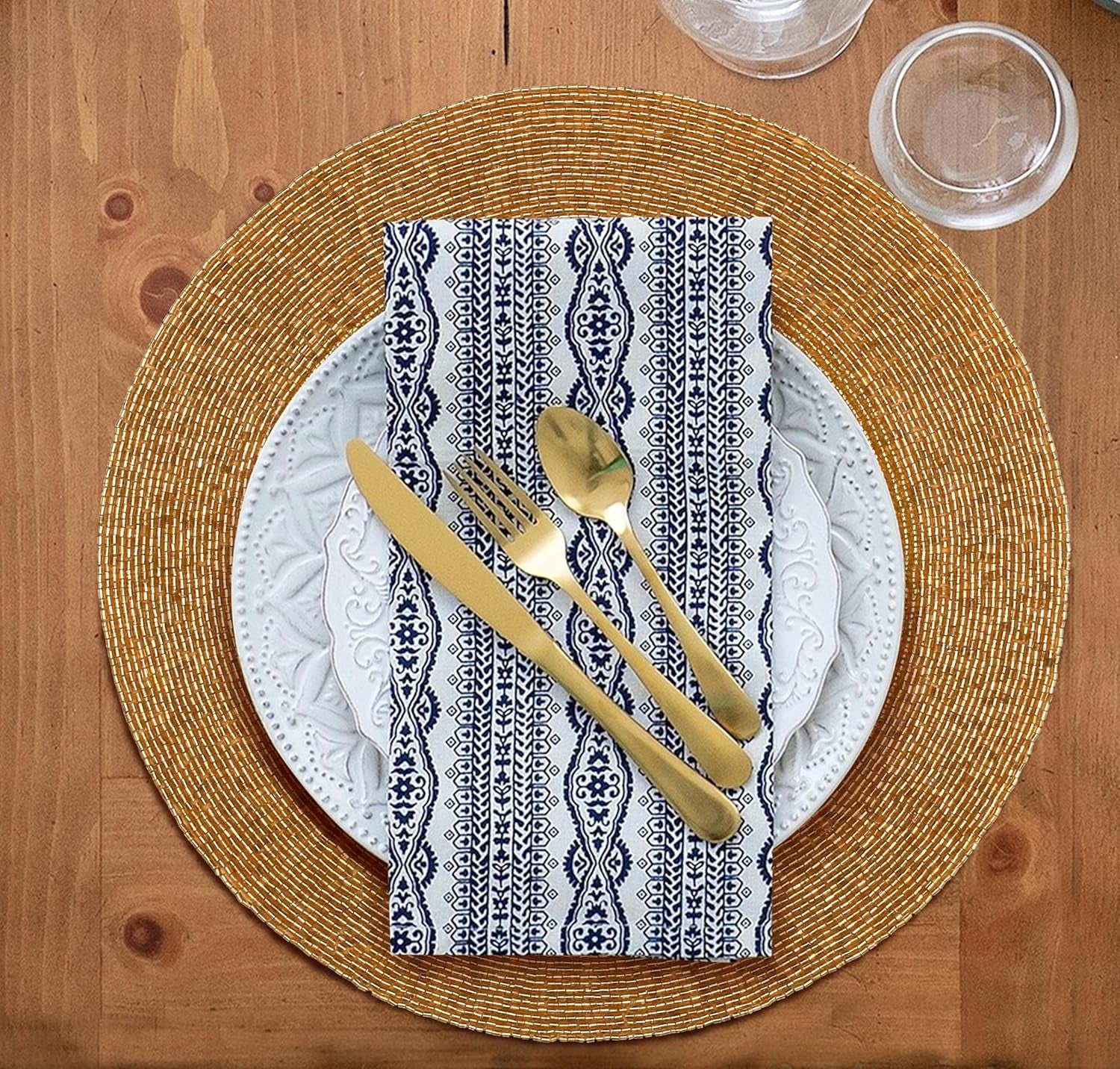 Life by Cotton Farmhouse Beaded Placemats for Dining Table 13 Inch Dia - Gold, Beaded Placemats round for Dining Table, Occasional Decoration and Family Parties Celebrations, Set of 1