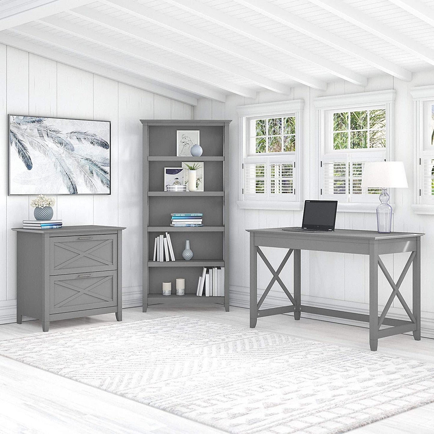 Key West Desk with File Cabinet, Bookcase, Gray