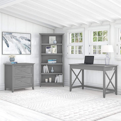 Key West Desk with File Cabinet, Bookcase, Gray