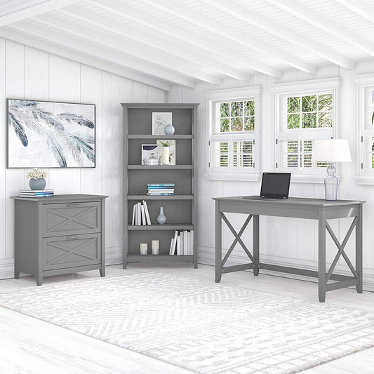 Key West Desk with File Cabinet, Bookcase, Gray