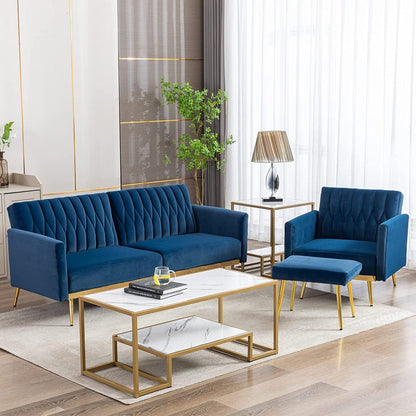 Blue Velvet Convertible Sofa Bed with Metal Legs