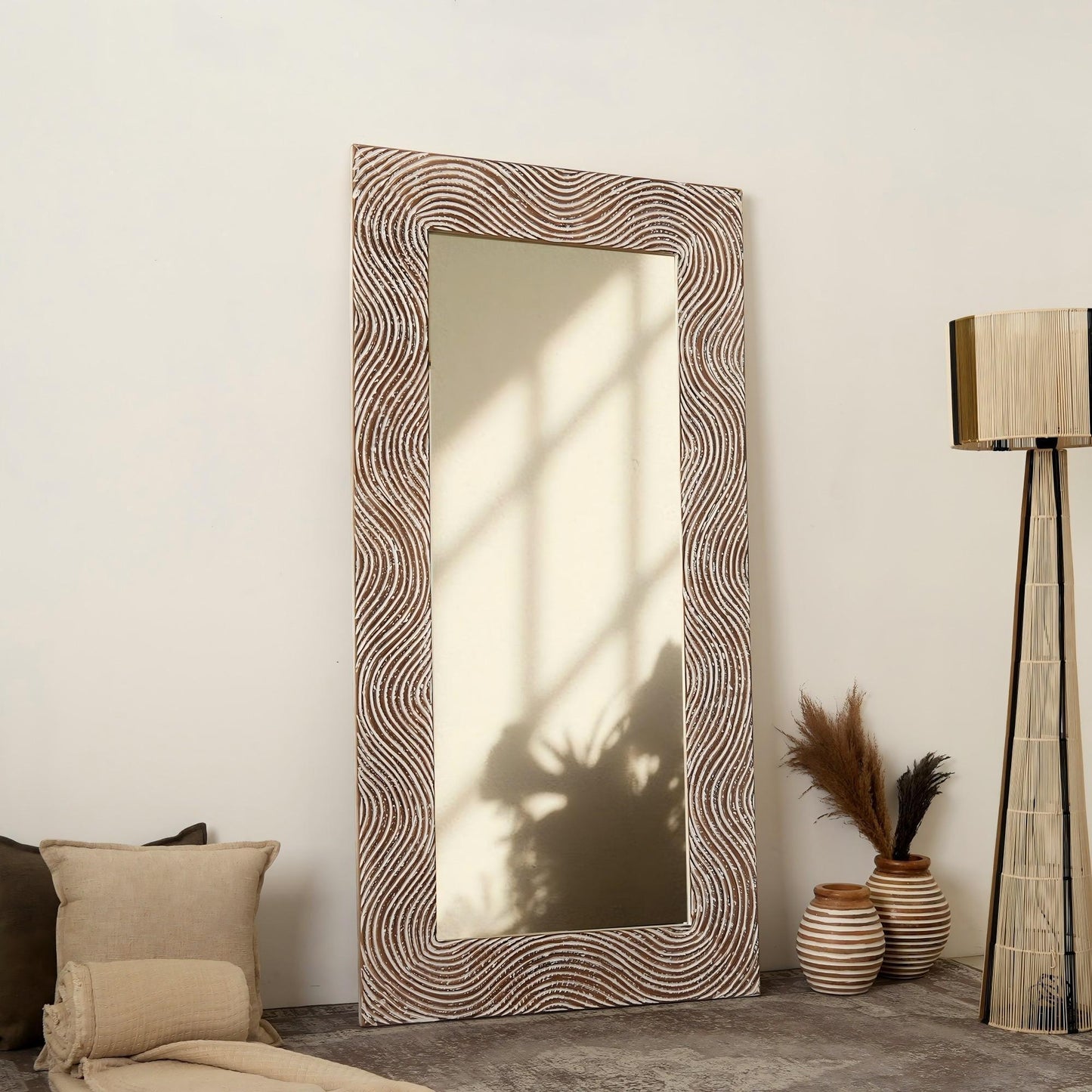 Rustic White Solid Wood Handcarved Rectangle Mirror Accent with 3MM Glass, 36 x 72 Inches