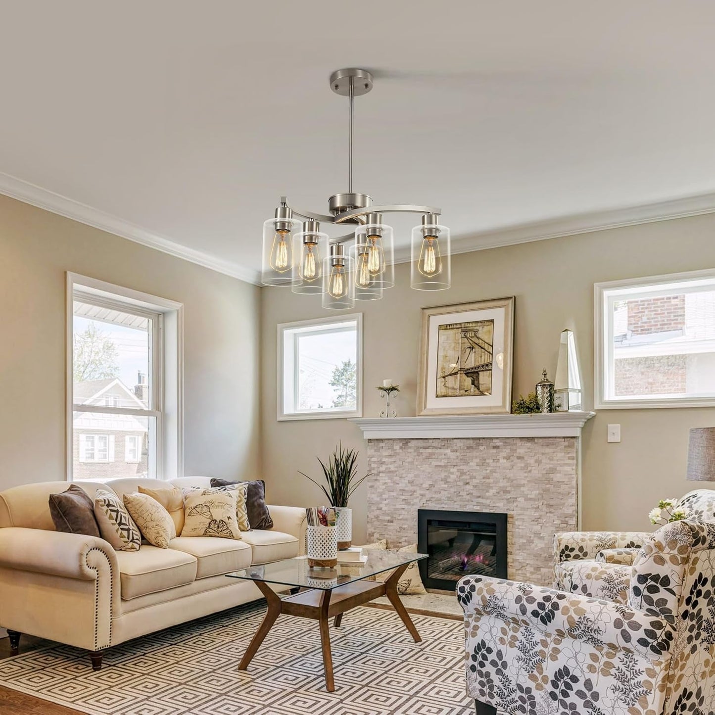 6-Light Brushed Nickel Chandeliers for Dining Room Light Fixtures over