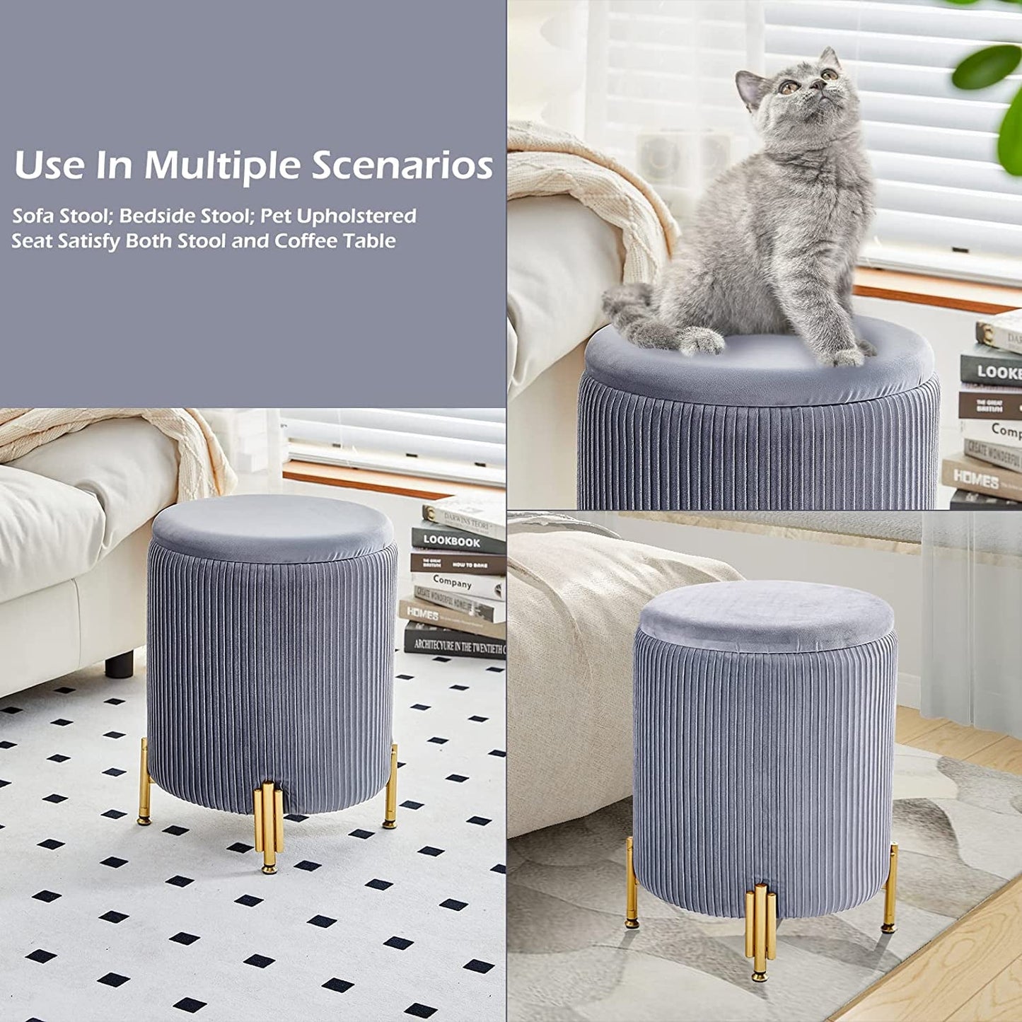 Grey Velvet Ottoman with 23Qt Storage and Support