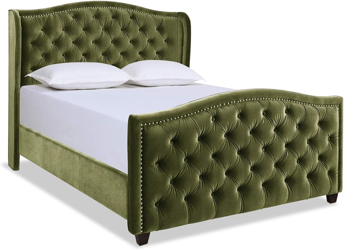 Jennifer Taylor Home Marcella Upholstered Shelter Headboard Bed Set, Queen, Olive Green Performance Velvet