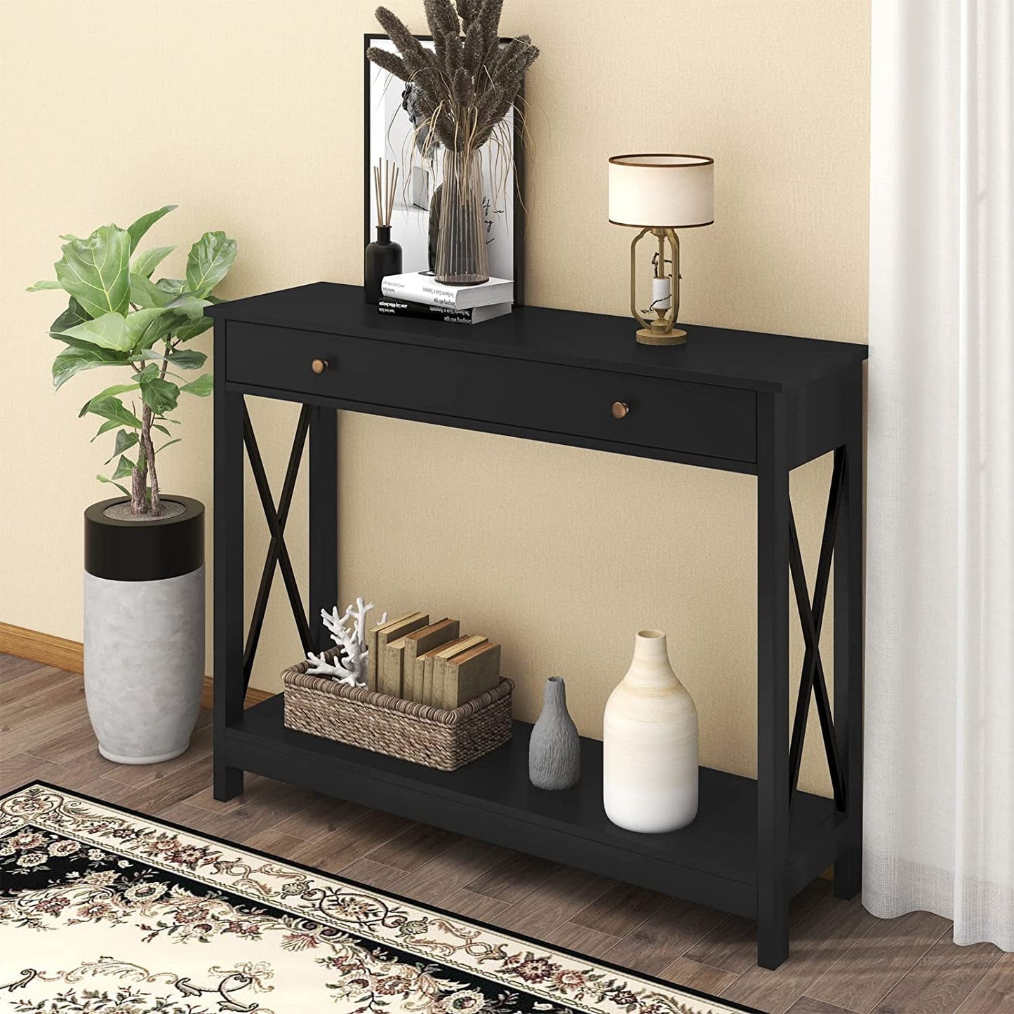 Peach Maple Black Console Table with Drawer and Shelves
