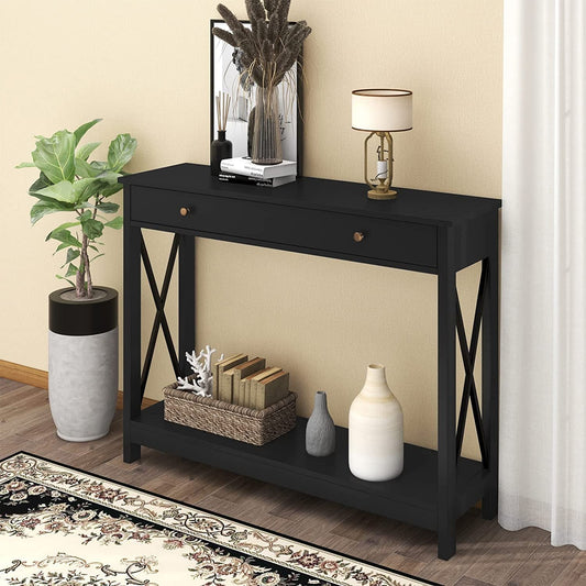 Peach Maple Black Console Table with Drawer and Shelves