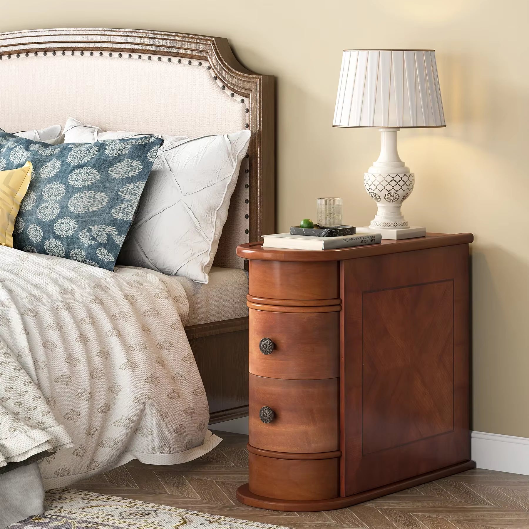 End Table round Solid Wood Sofa Bedside Narrow Bedroom Side Table Nightstand with Drawer