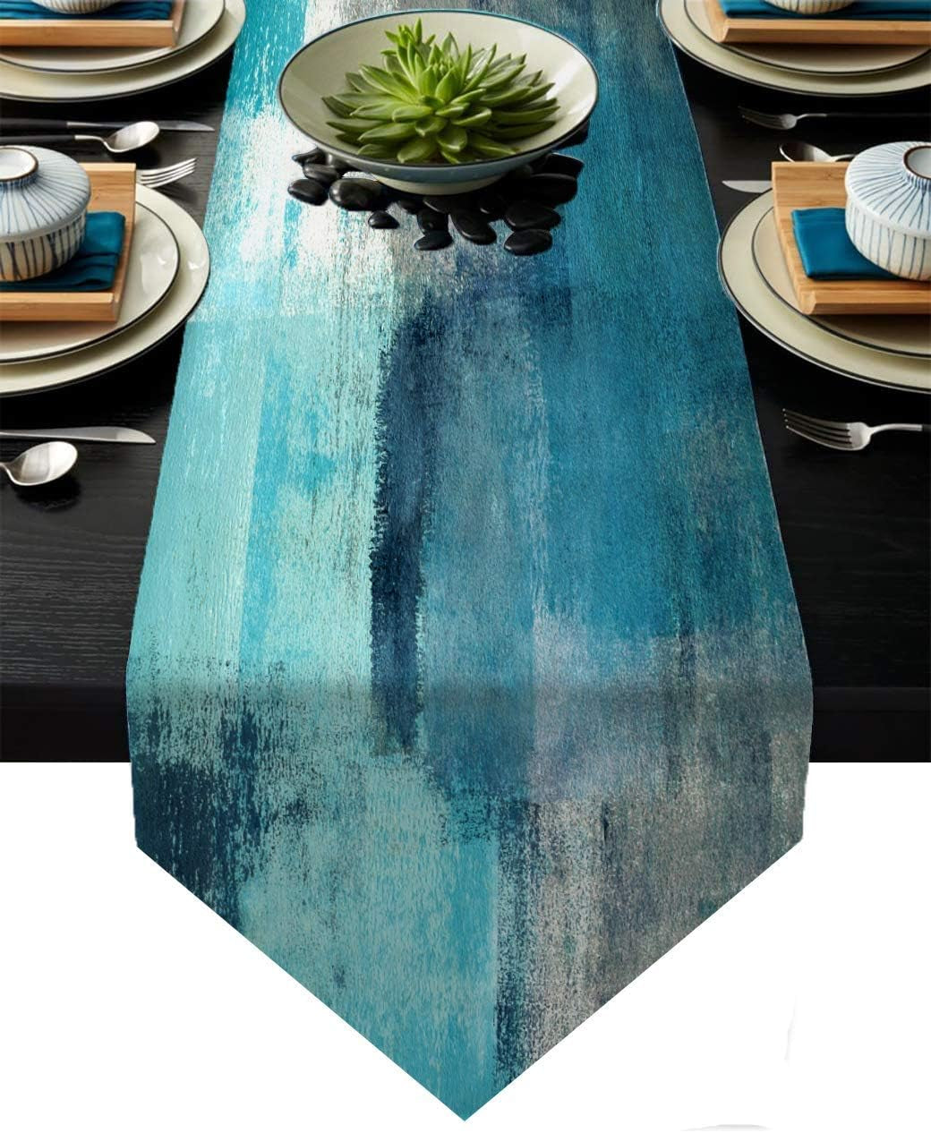 Blue and Grey Table Runner,Abstract Modern Art Burlap Table Runners for Table Dresser Runner Farmhouse Style for Dinner Party Holidays Home Decoration (Blue Grey, 13"X 71")