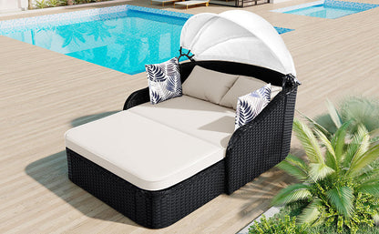 79.9' Outdoor Sunbed with Adjustable Canopy, Double lounge, PE Rattan