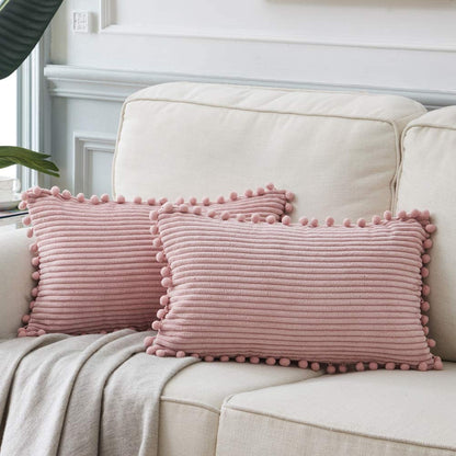 Fancy Homi Dark Gray Decorative Throw Pillow Covers 18X18 Inch with Pom Poms, Boho Farmhouse Home Decor, Soft Corduroy Accent Square Cushion Case for Living Room Couch Bed Sofa 45X45 Cm
