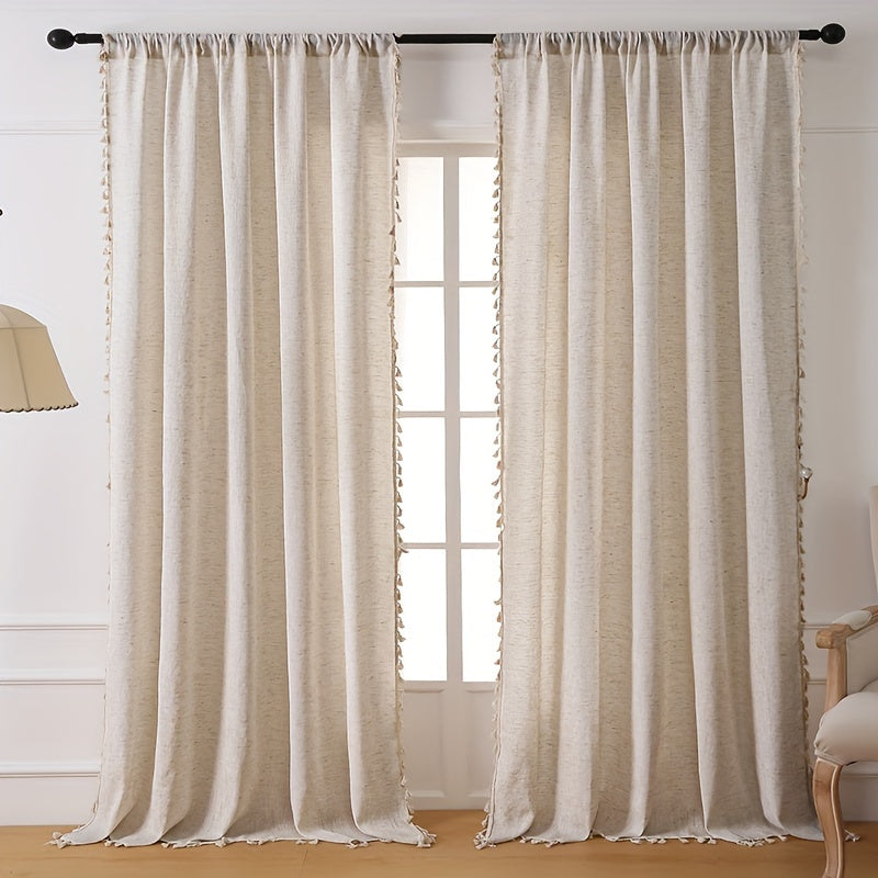 Elegant Beige Sheer Curtain with Tassel Vintage Style