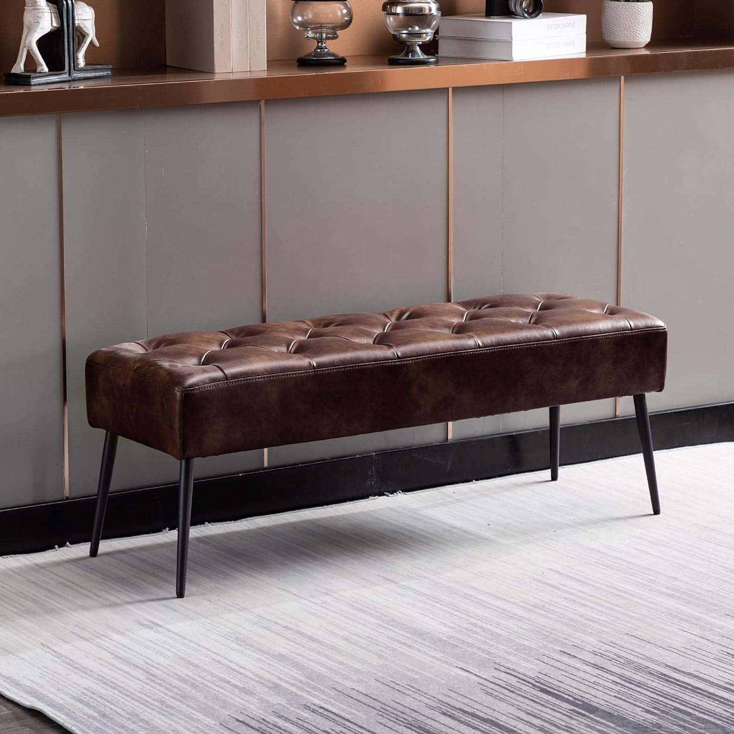 DUHOME Button-Tufted Ottoman Bench, Upholstered Bedroom Benches Footrest Stool Dining Bench Leather Accent Bench for Entryway Dining Room Living Room Bedroom End of Bed, Dark Brown