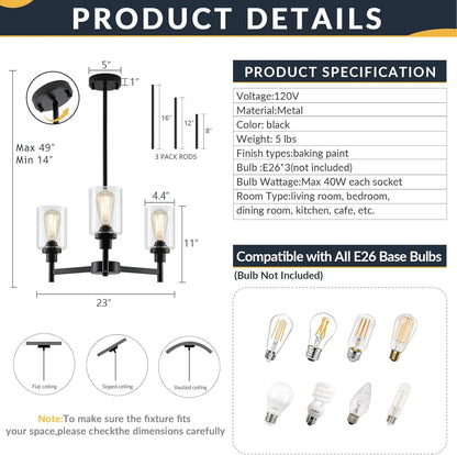 3 Lights Black Chandeliers for Dining Room Light Fixture over Table,