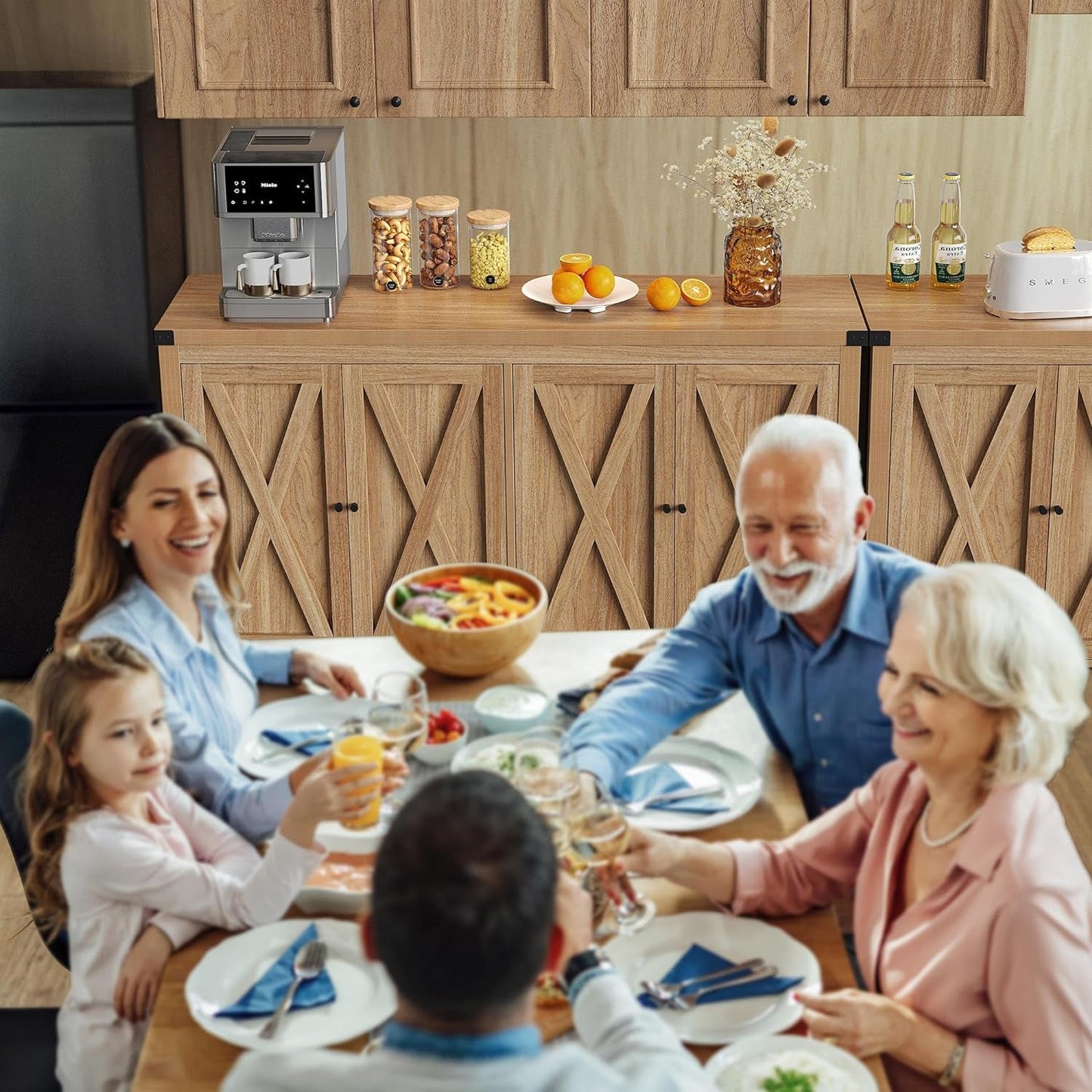Farmhouse Sideboard Buffet Cabinet with Storage with 4 Doors, 55''