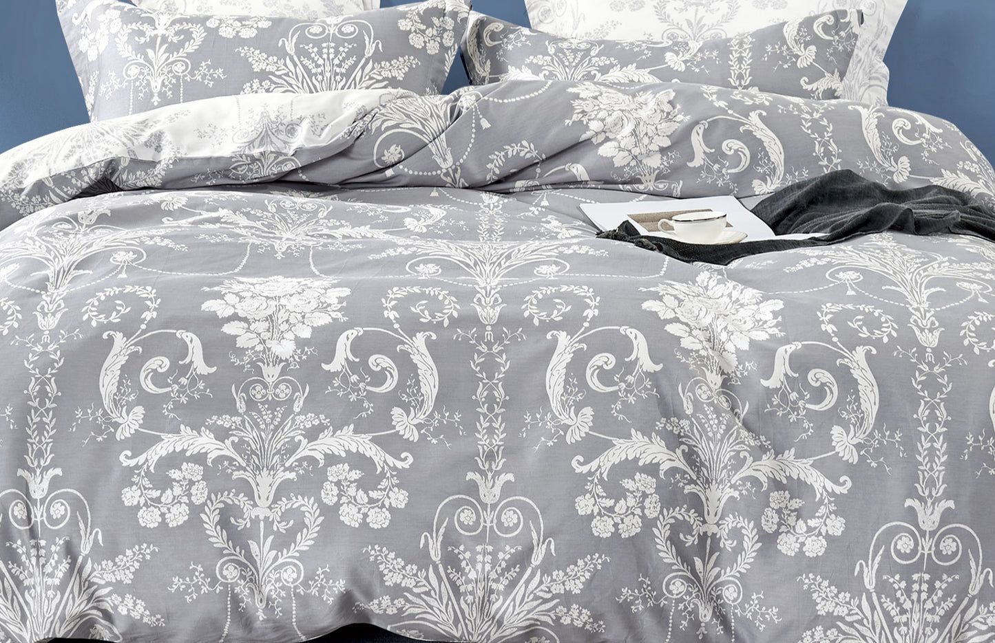Lauren Damask White/Grey 100% Cotton Reversible Comforter Set
