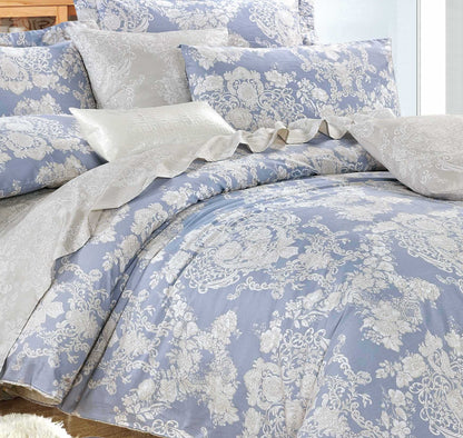 LAUREN BLUE DAMASK 100% COTTON COMFORTER SET Queen