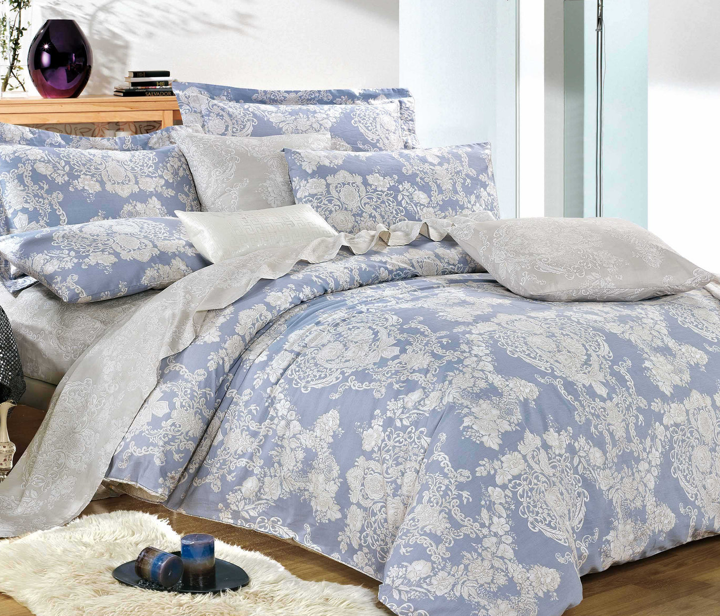 LAUREN BLUE DAMASK 100% COTTON COMFORTER SET Queen
