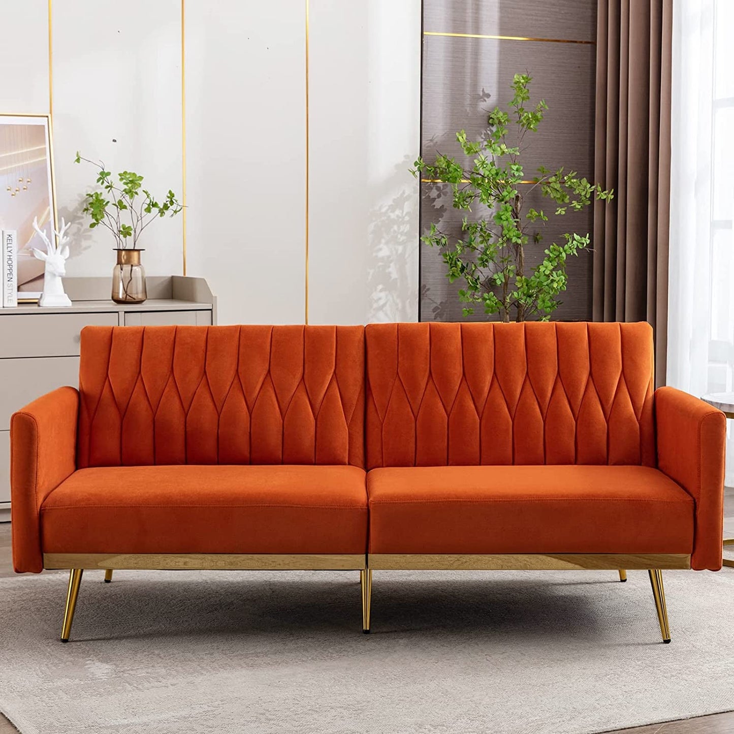 Orange Velvet Convertible Sofa Bed with Metal Legs