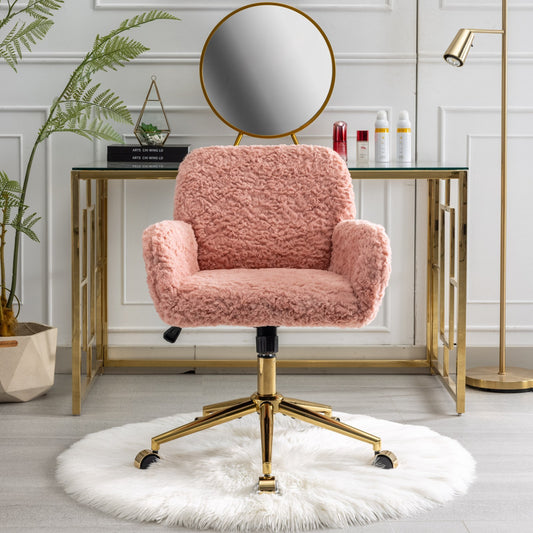 A&A Furniture Office Chair, Faux Fur Office Chair with Golden Metal Base (Pink)
