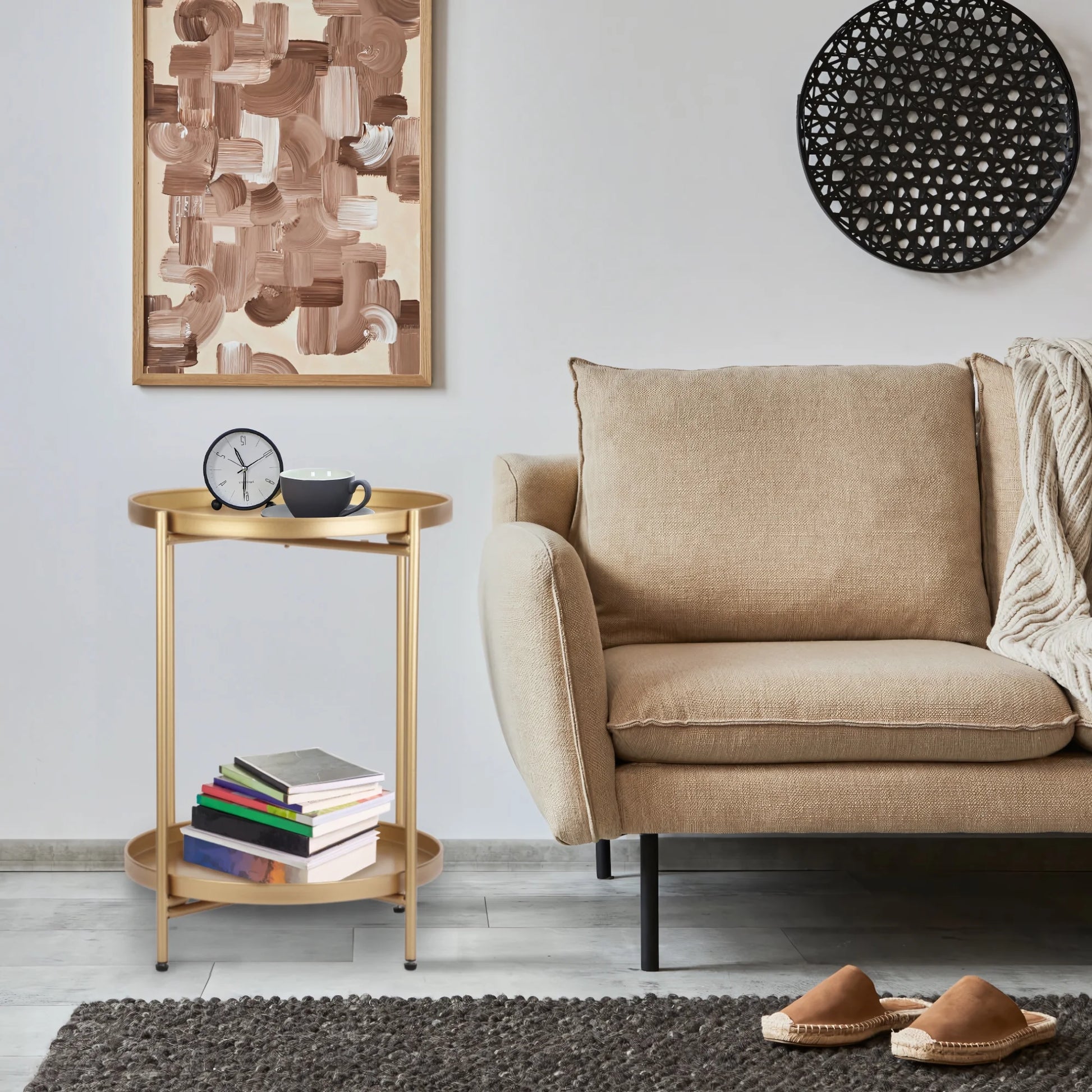 Metal End Table, 2 Tier Modern Gold Circle Side Table, 20.27"H Sofa Table Removable Tray, Coffee Table Indoor Outdoor