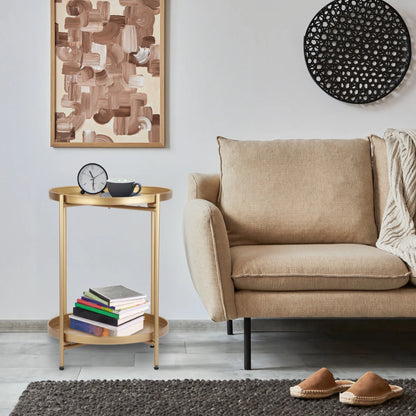 Metal End Table, 2 Tier Modern Gold Circle Side Table, 20.27"H Sofa Table Removable Tray, Coffee Table Indoor Outdoor